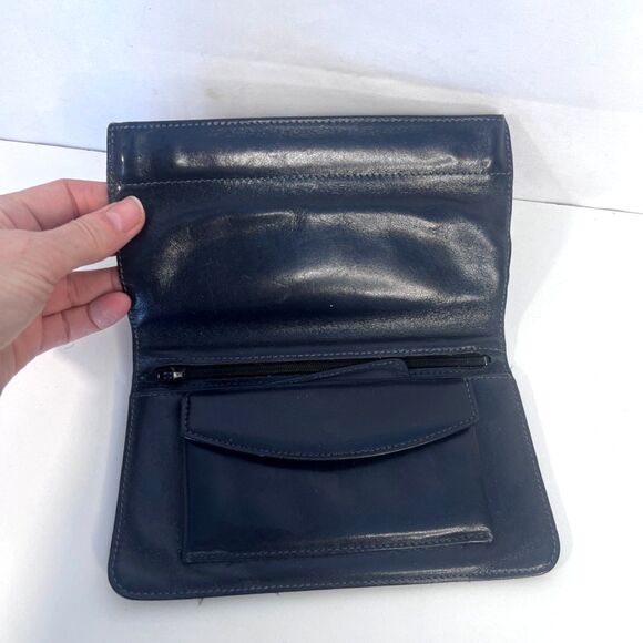 Bosca Leather Snap Top Foldover Pouch Wallet VTG Full Grain Hide Black/Blue - Picture 1 of 9